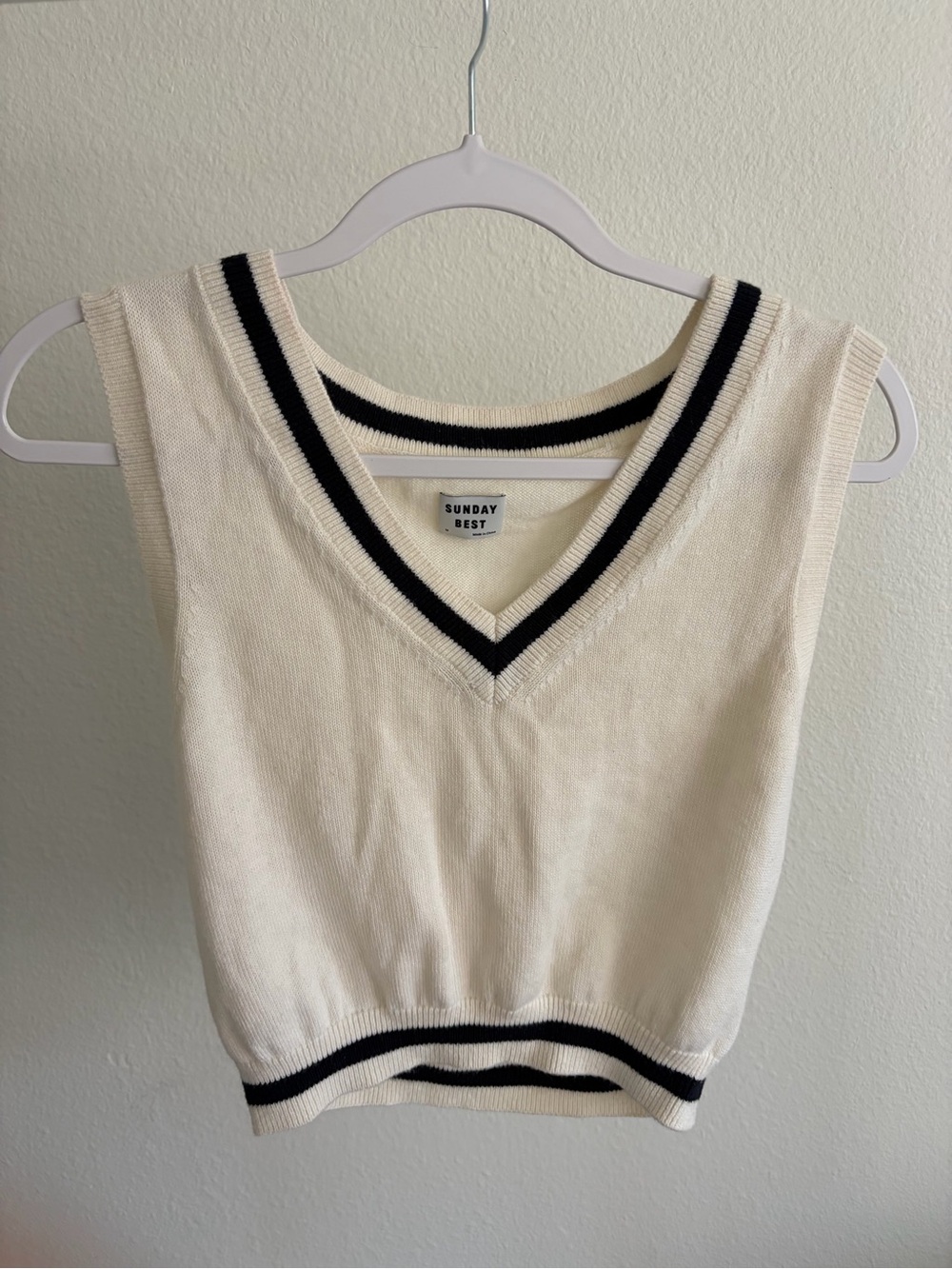 Sunday Best Cream V-Neck Knit Vest with Black Stripe
